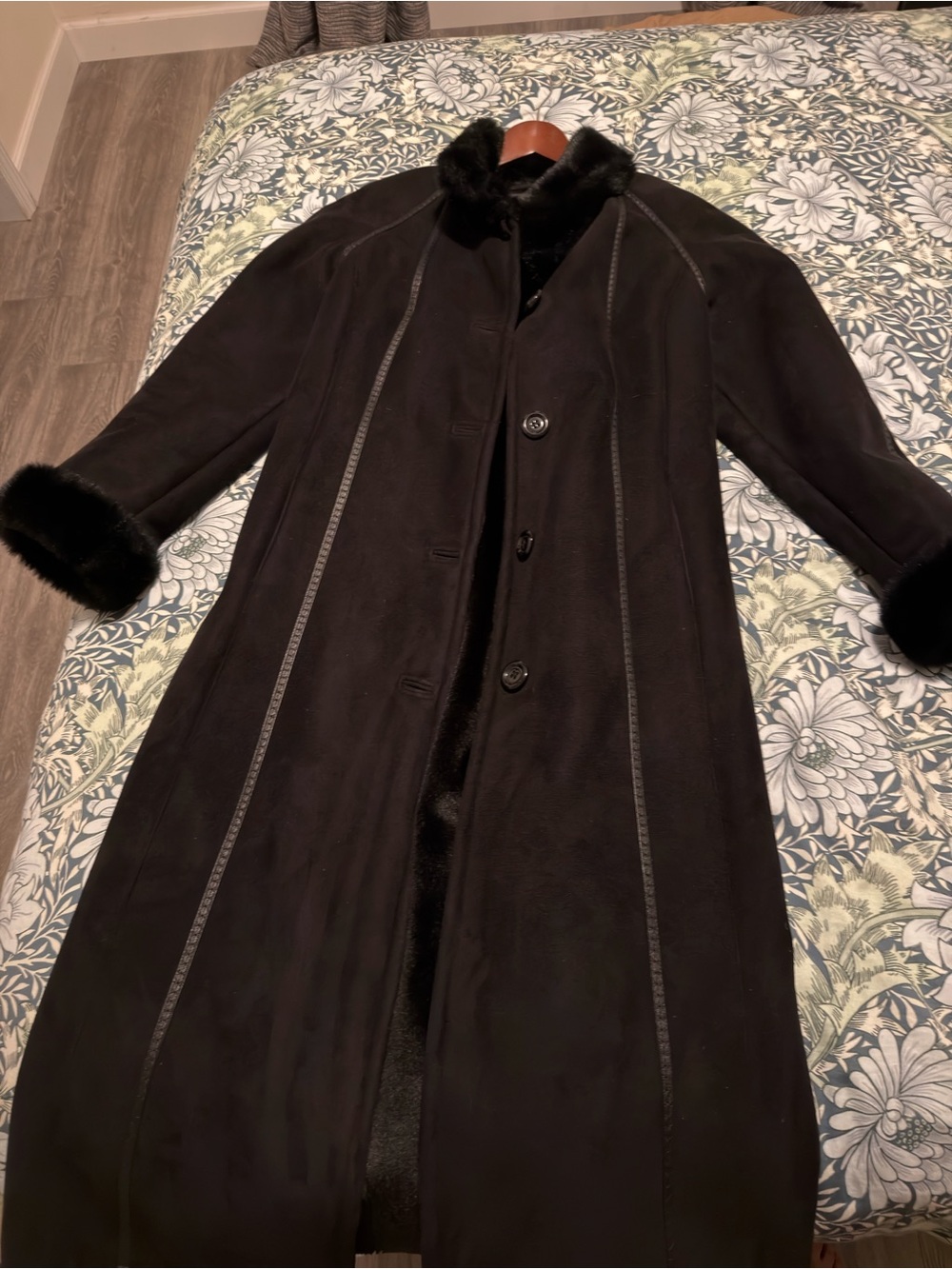 Gallery Black Long Trench Coat with Fur Trim